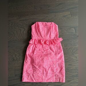 Lilly Pulitzer Lowe Fiesta Pink Gingham Strapless Peplum Dress Sz 4 spring
